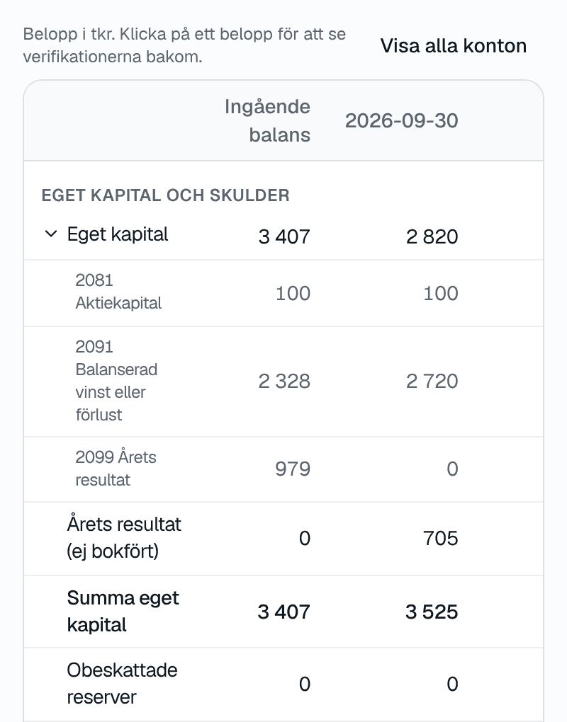 Balansräkningen i Insum för demobolaget: eget kapital med aktiekapital, balanserat resultat och årets resultat, och obeskattade reserver